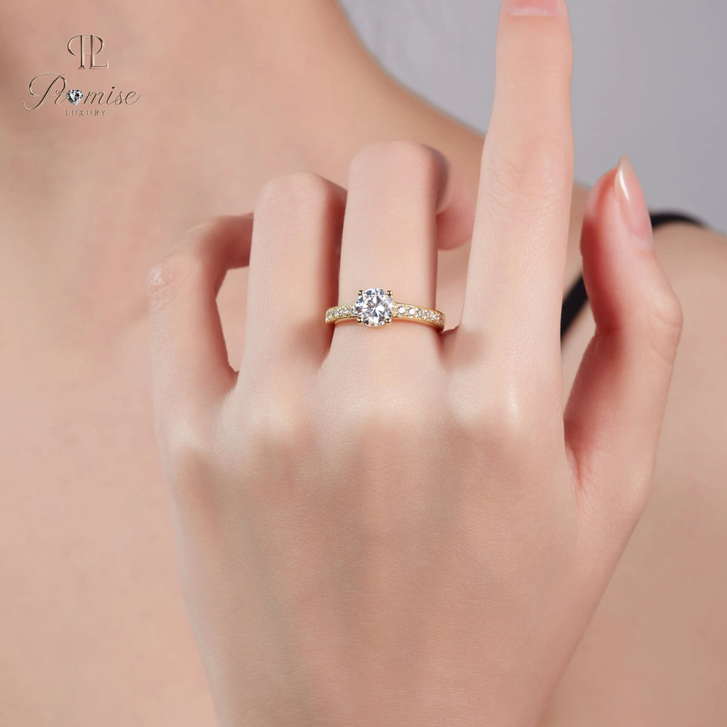 Round Cut Pave Diamond Engagement Ring - Classic Bridal Ring For Women