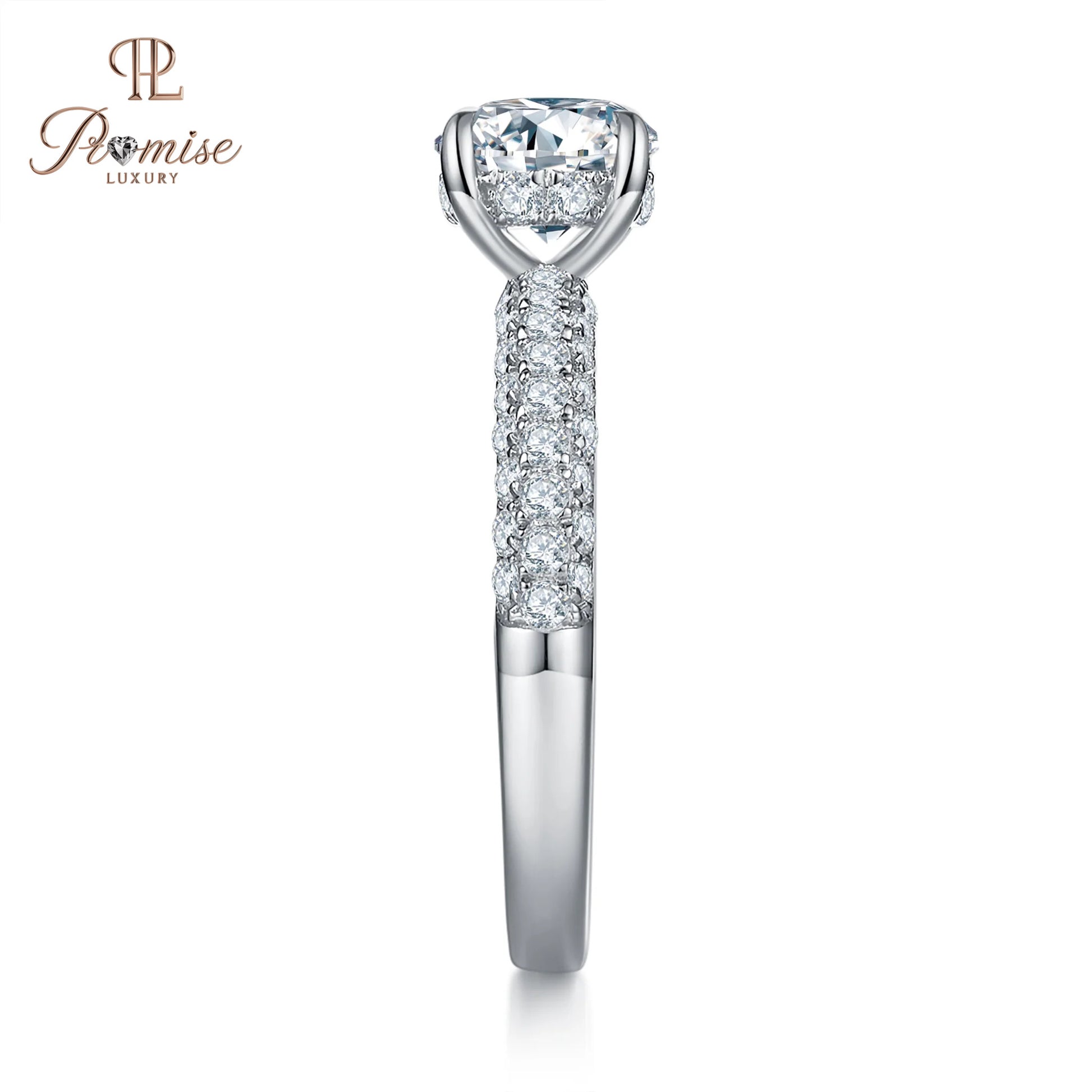 Round Cut Hidden Halo Diamond Ring – Micro Pave on Three Sides Wedding Ring