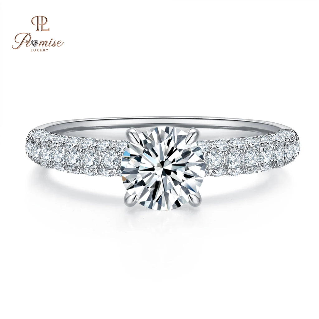 Round Cut Hidden Halo Diamond Ring – Micro Pave on Three Sides Wedding Ring