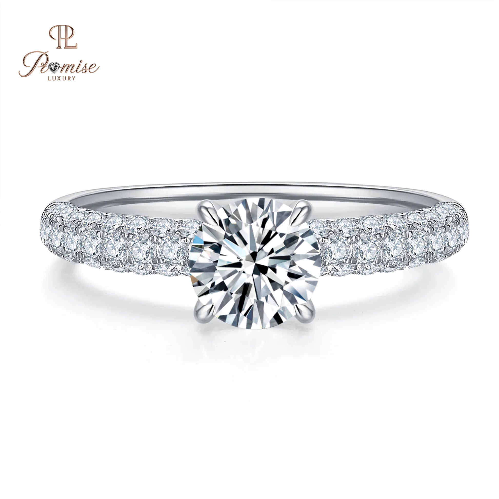 Round Cut Hidden Halo Diamond Ring – Micro Pave on Three Sides Wedding Ring