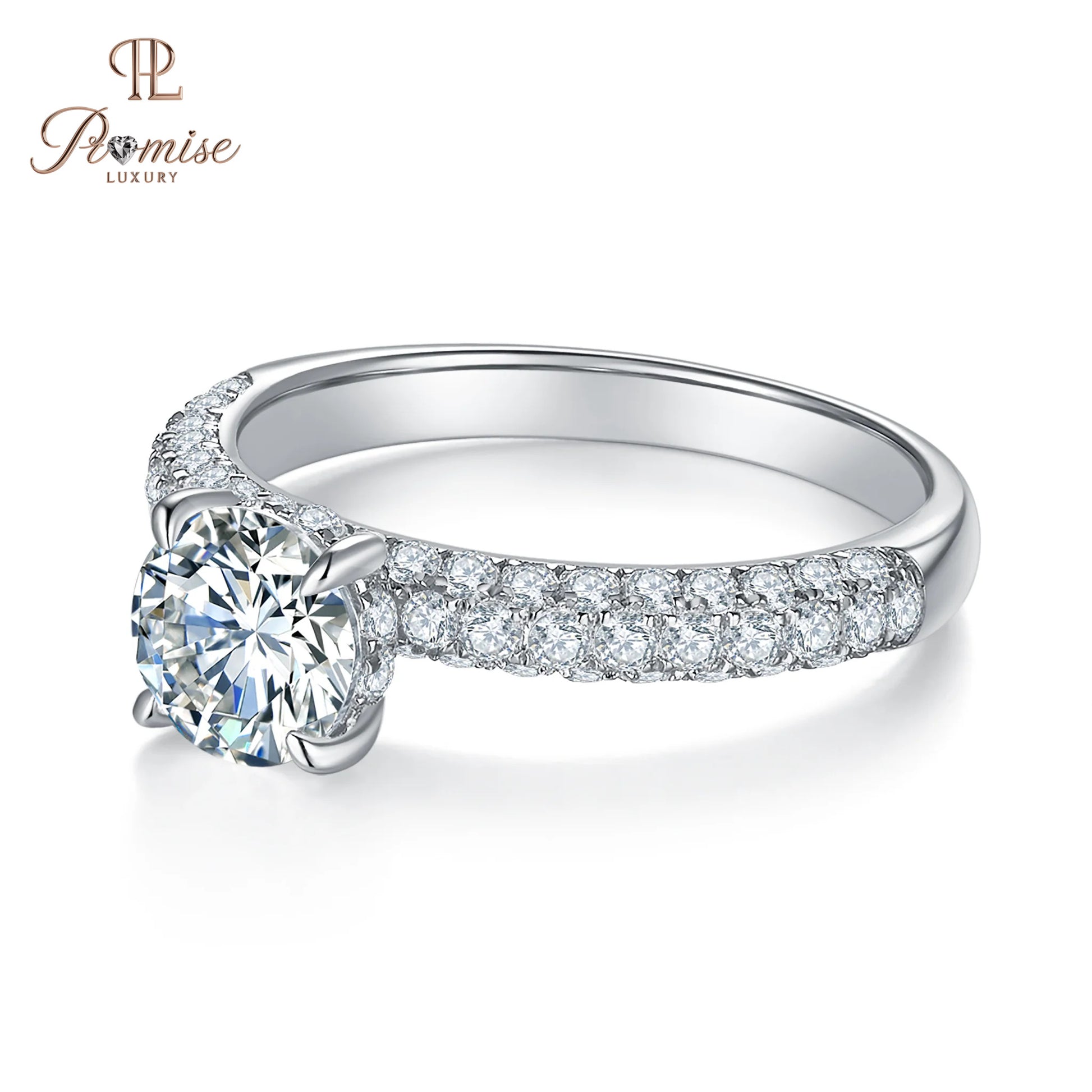 Round Cut Hidden Halo Diamond Ring – Micro Pave on Three Sides Wedding Ring