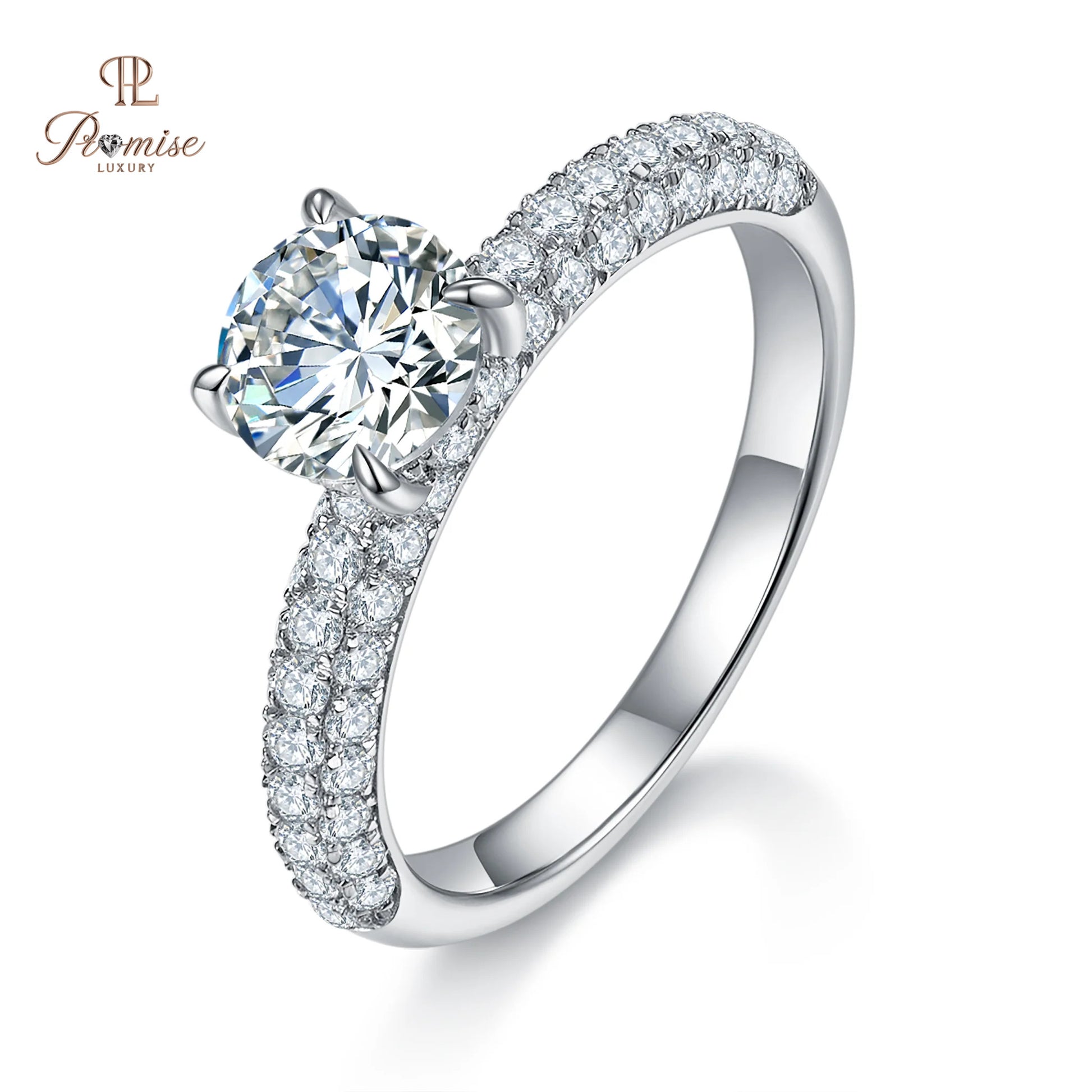 Round Cut Hidden Halo Diamond Ring – Micro Pave on Three Sides Wedding Ring