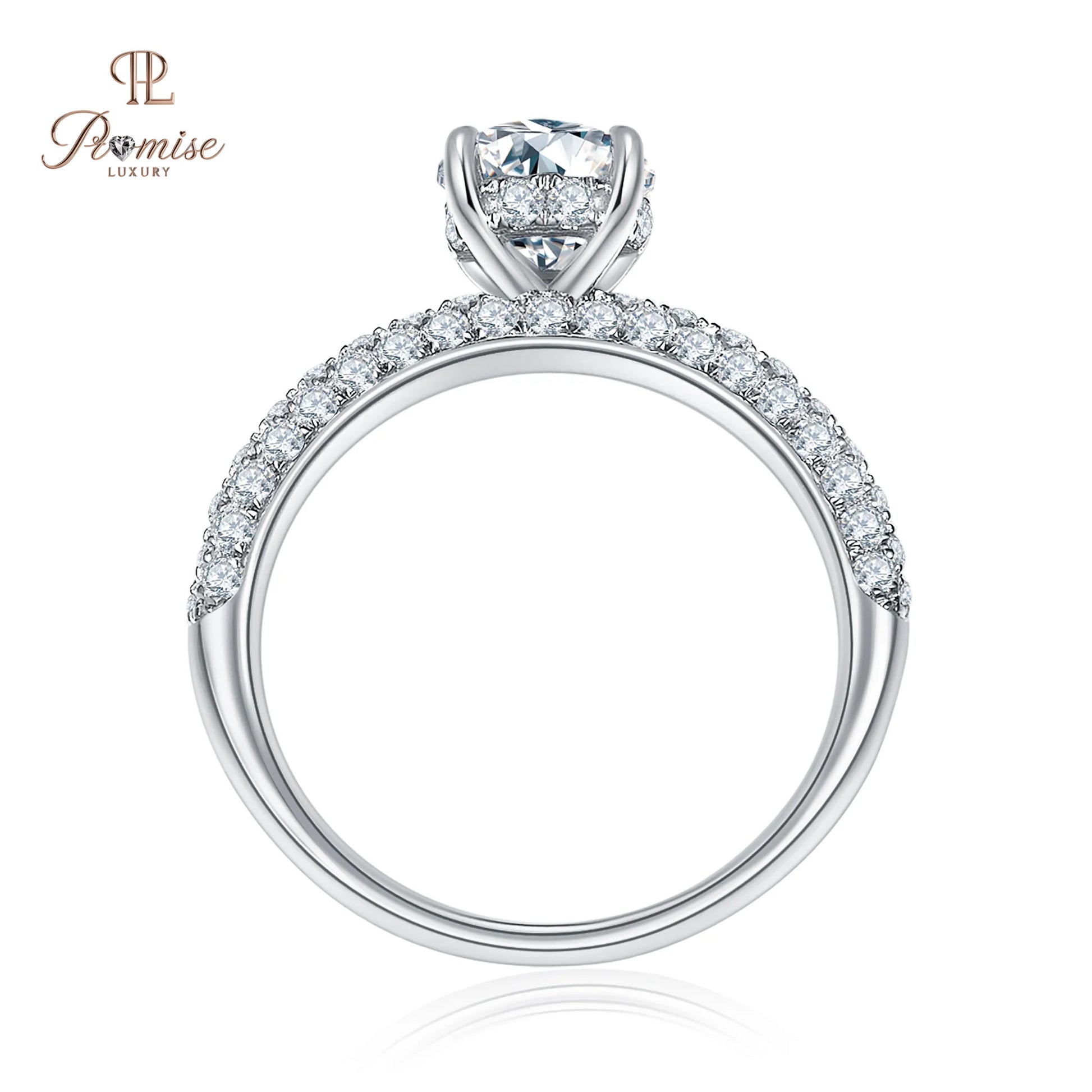 Round Cut Hidden Halo Diamond Ring – Micro Pave on Three Sides Wedding Ring