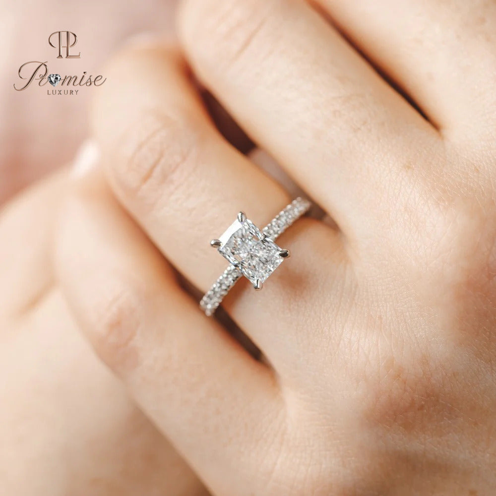 Unique Radiant Cut Hidden Halo Diamond Engagement Ring – Accent Diamond Wedding Ring