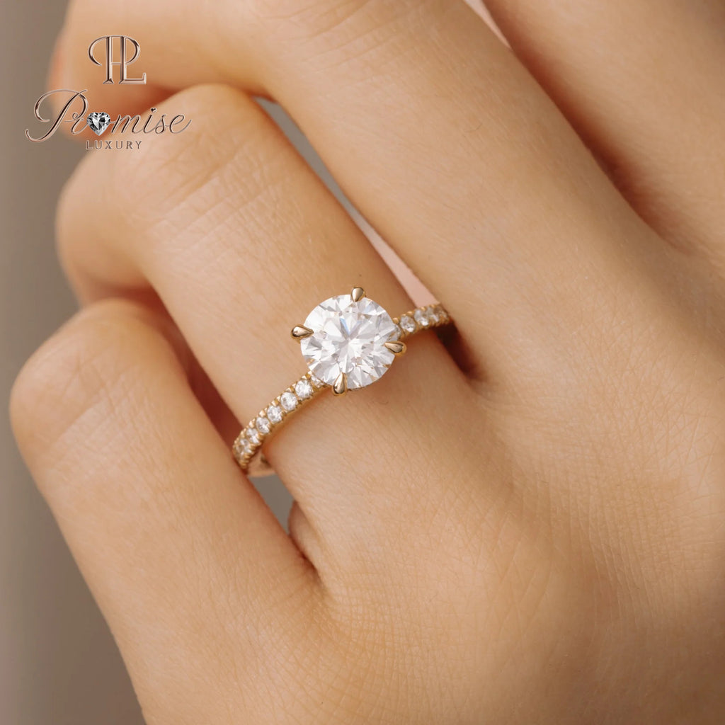 Round Diamond Solitaire Hidden Halo Engagement Ring in 14K White Gold – Elegant Bridal Ring