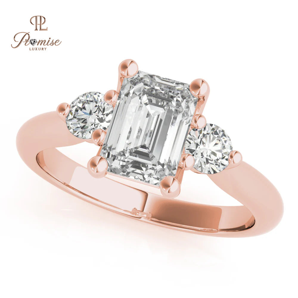 Emerald Cut & Round Diamond Engagement Ring - 14k White Gold Solitaire Ring