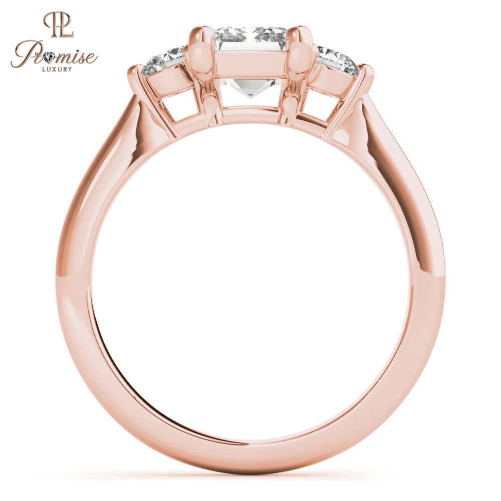 Emerald Cut & Round Diamond Engagement Ring - 14k White Gold Solitaire Ring