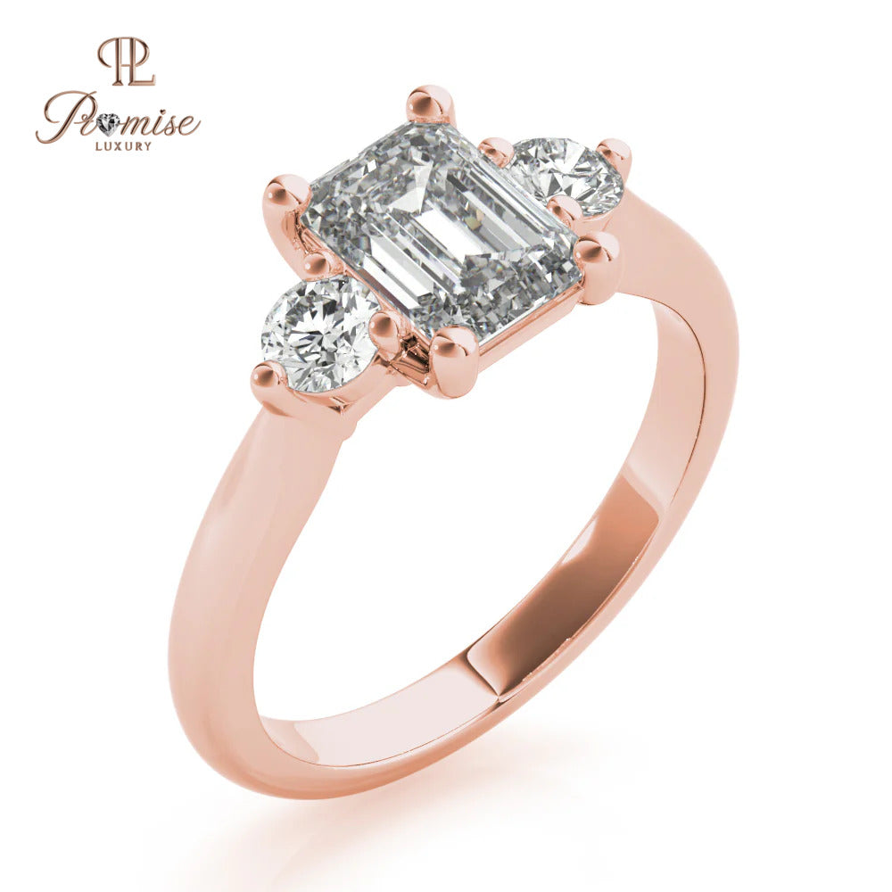 Emerald Cut & Round Diamond Engagement Ring - 14k White Gold Solitaire Ring