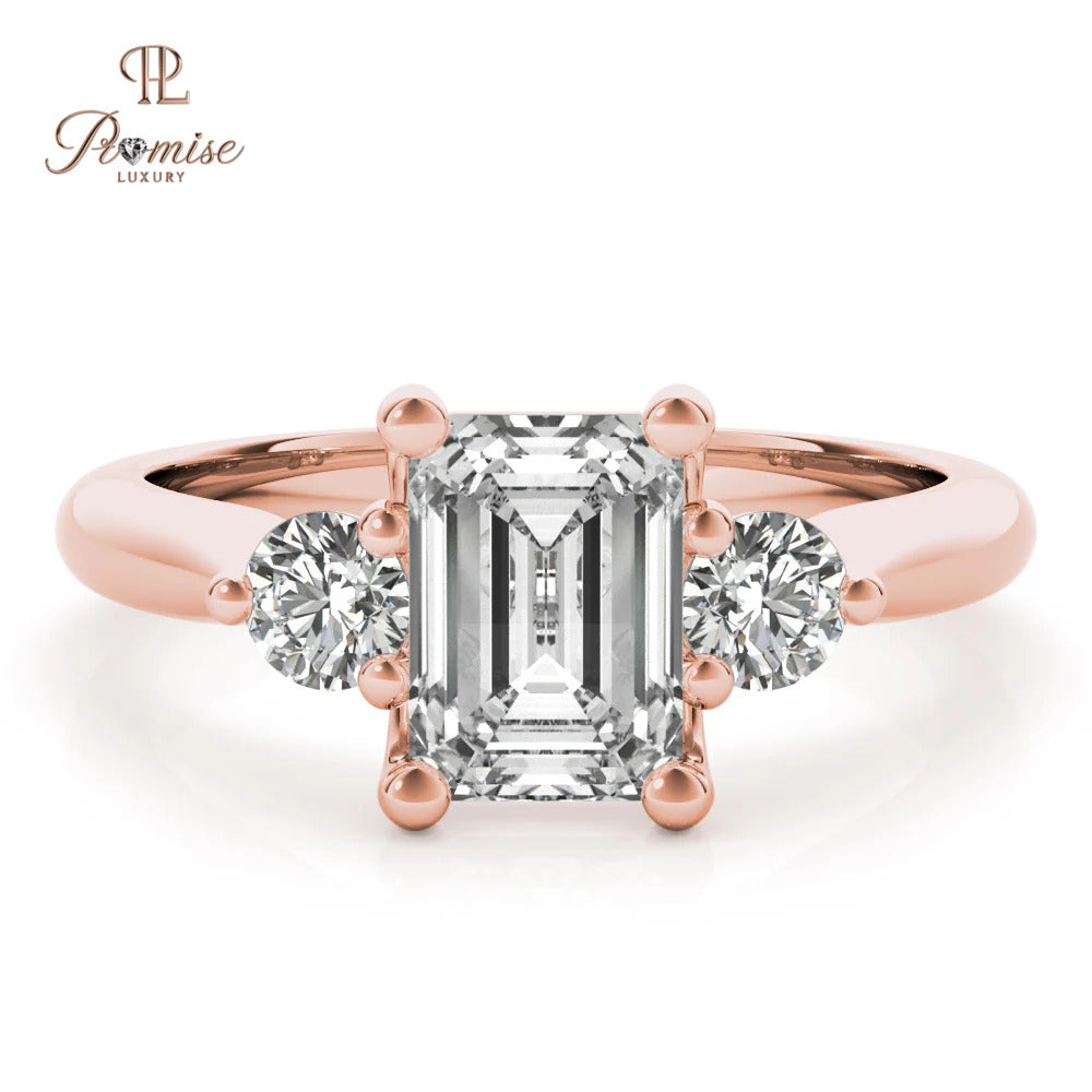 Emerald Cut & Round Diamond Engagement Ring - 14k White Gold Solitaire Ring