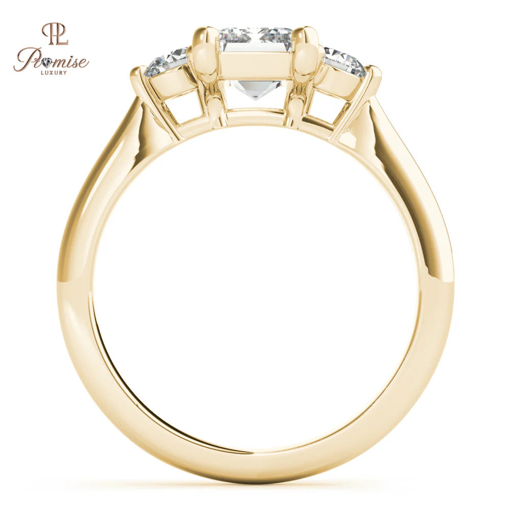 Emerald Cut & Round Diamond Engagement Ring - 14k White Gold Solitaire Ring