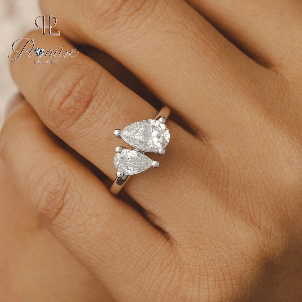 Toi et Moi Double Pear Diamond Engagement Ring – Tilted Design 14K Gold Bridal Ring