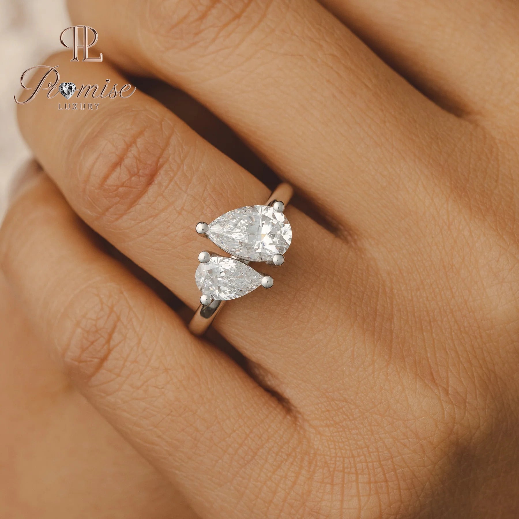 Toi et Moi Double Pear Diamond Engagement Ring – Tilted Design 14K Gold Bridal Ring