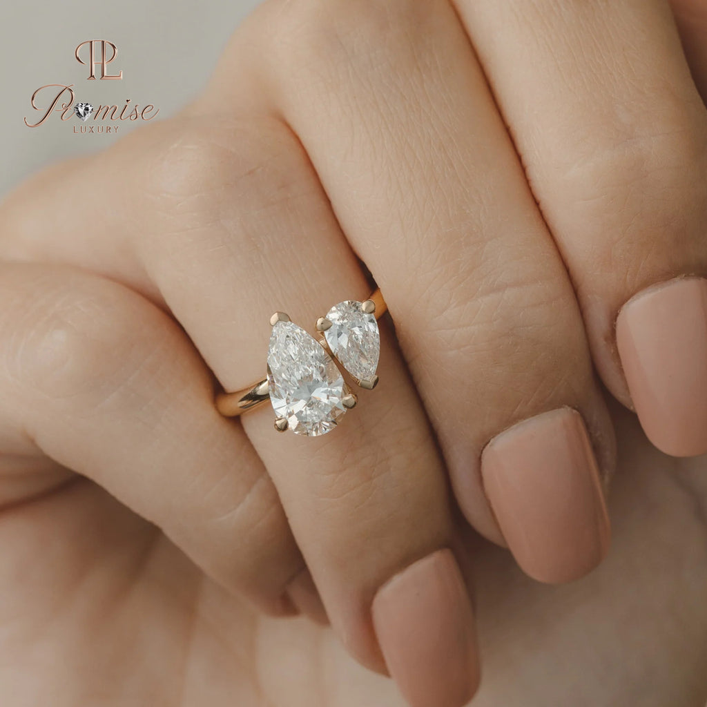 Toi et Moi Double Pear Diamond Engagement Ring – Tilted Design 14K Gold Bridal Ring
