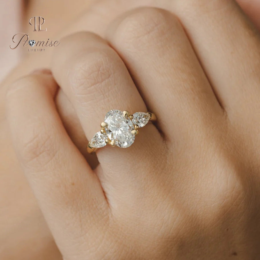 Three Stone Oval & Pear Cut Diamond Ring – Unique Engagement Ring for Women