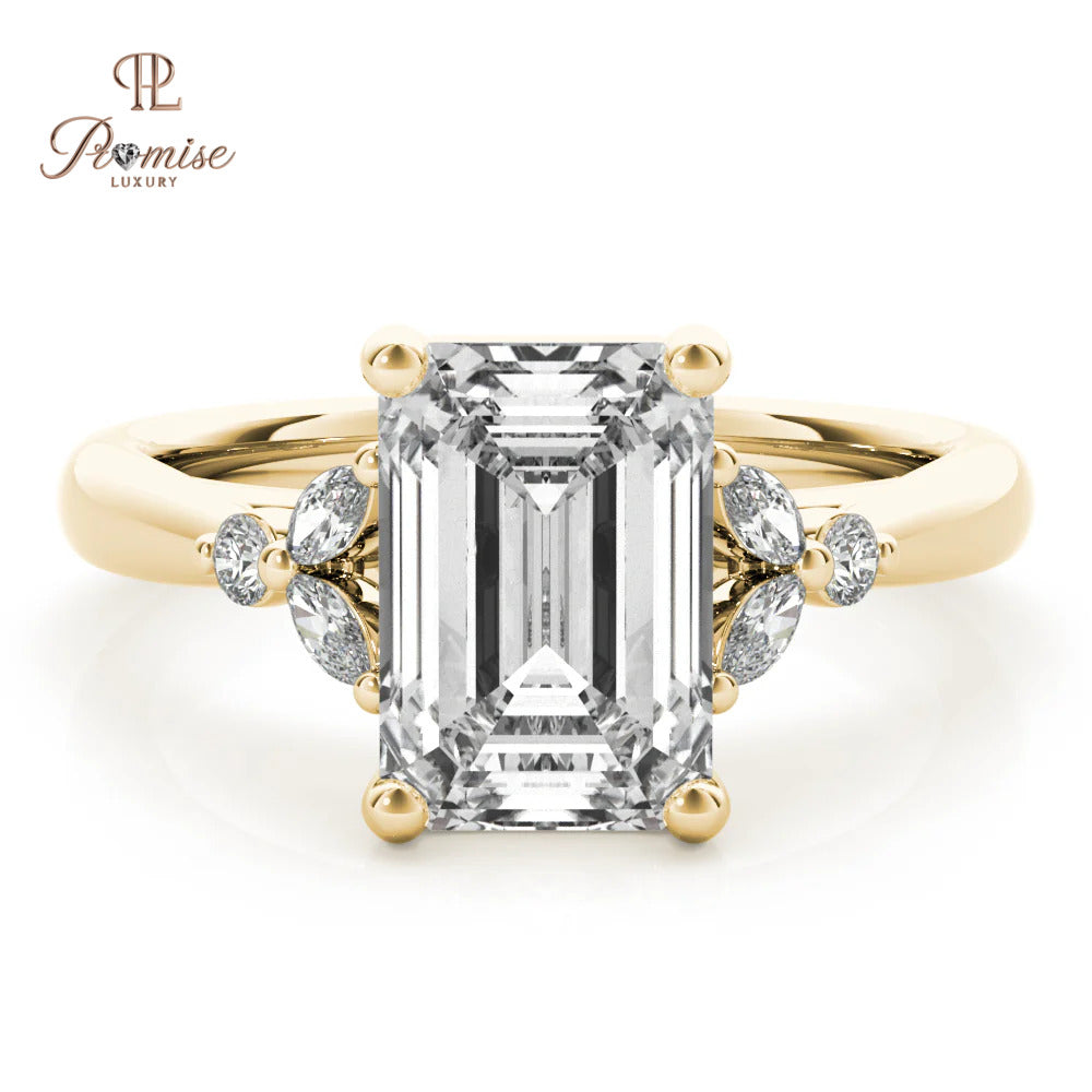 Luxury Emerald Cut Diamond Ring with Round & Marquise Side Stones – Elegant Wedding Ring