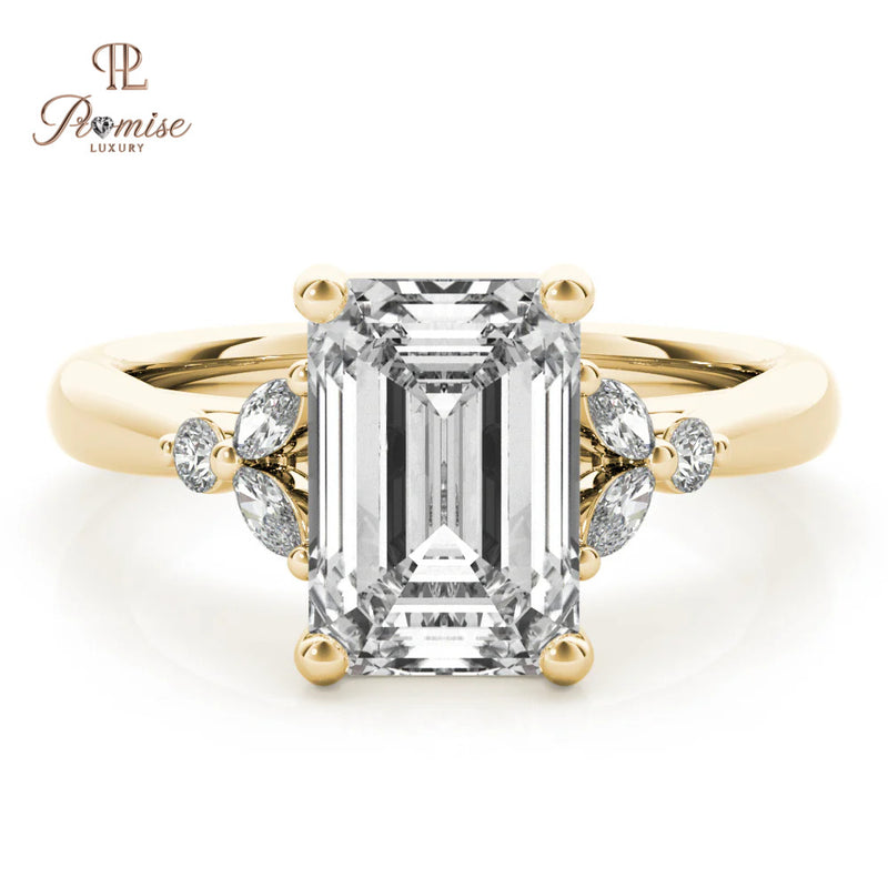 Luxury Emerald Cut Diamond Ring with Round & Marquise Side Stones – Elegant Wedding Ring