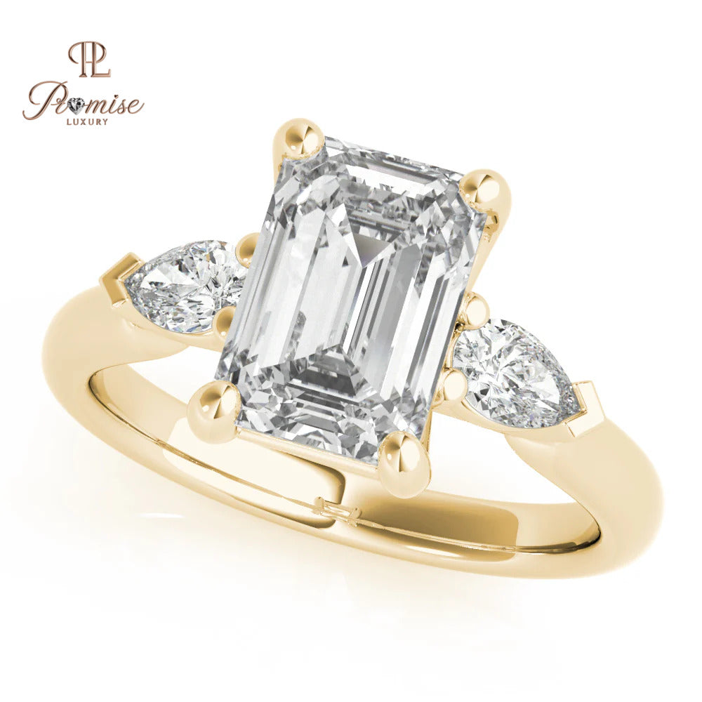 Three Stone Emerald Cut Diamond with Long Pear Engagement Ring in 14K Gold – Unique Bridal Ring