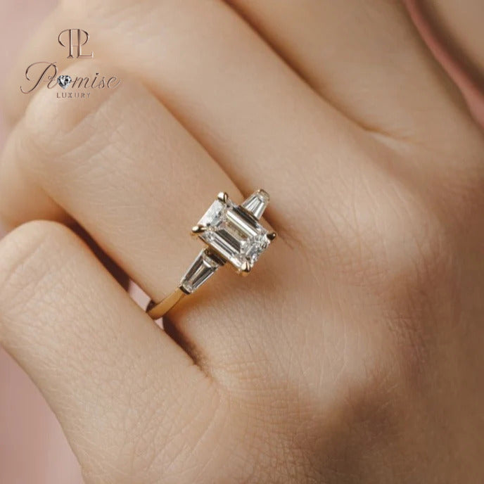 Emerald and Diamond Baguette Ring – Modern 14K Gold Engagement Ring