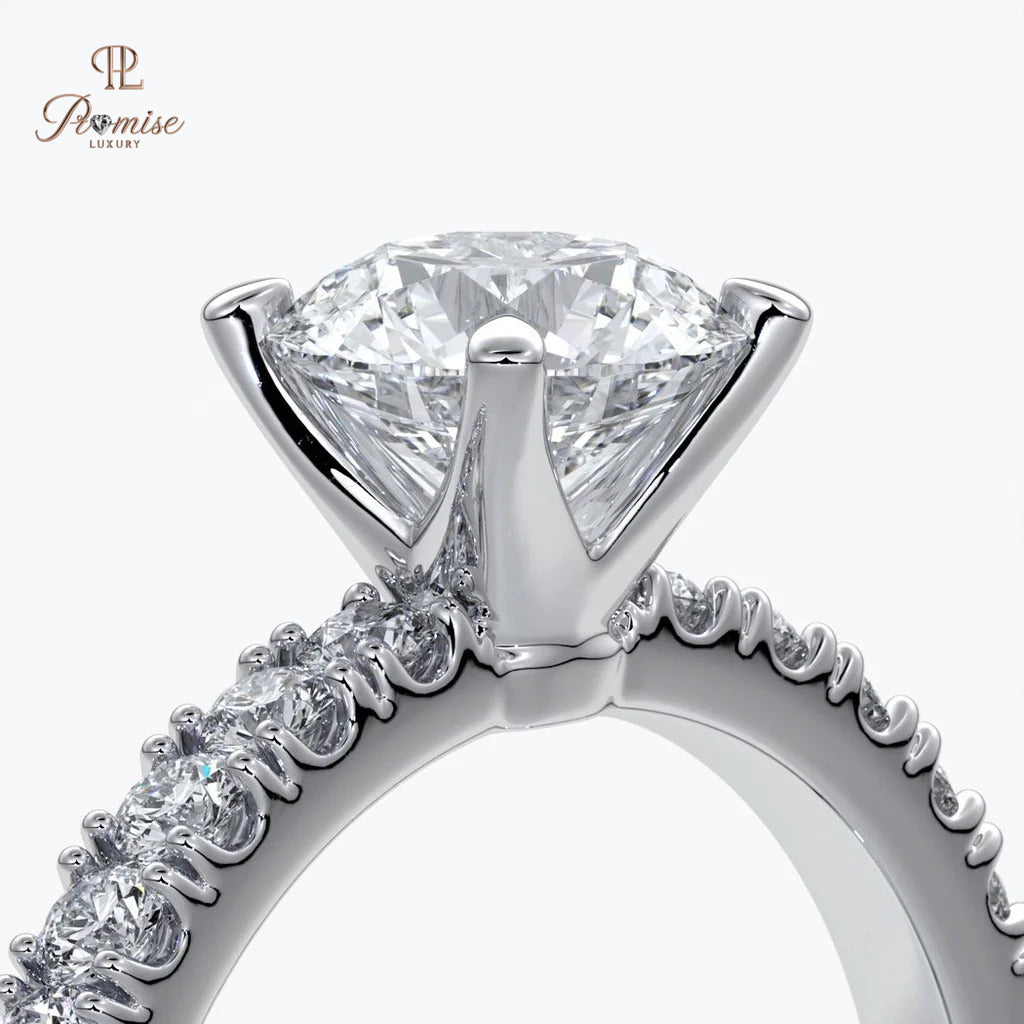 Luxury Round Cut Diamond Engagement Ring - Solitaire Pave Band Wedding Ring