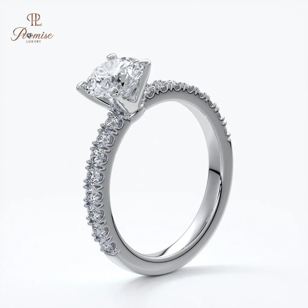 Luxury Round Cut Diamond Engagement Ring - Solitaire Pave Band Wedding Ring