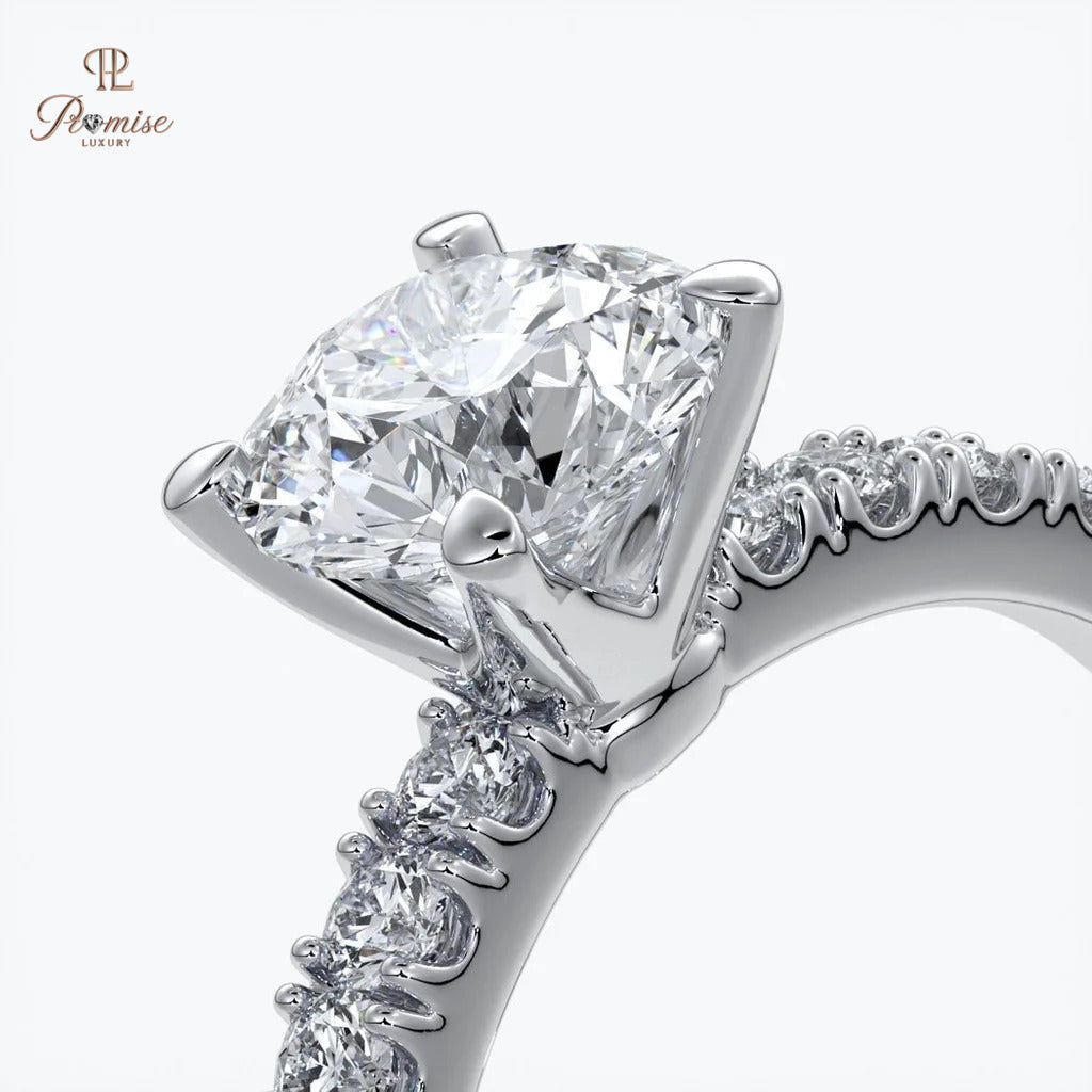 Luxury Round Cut Diamond Engagement Ring - Solitaire Pave Band Wedding Ring