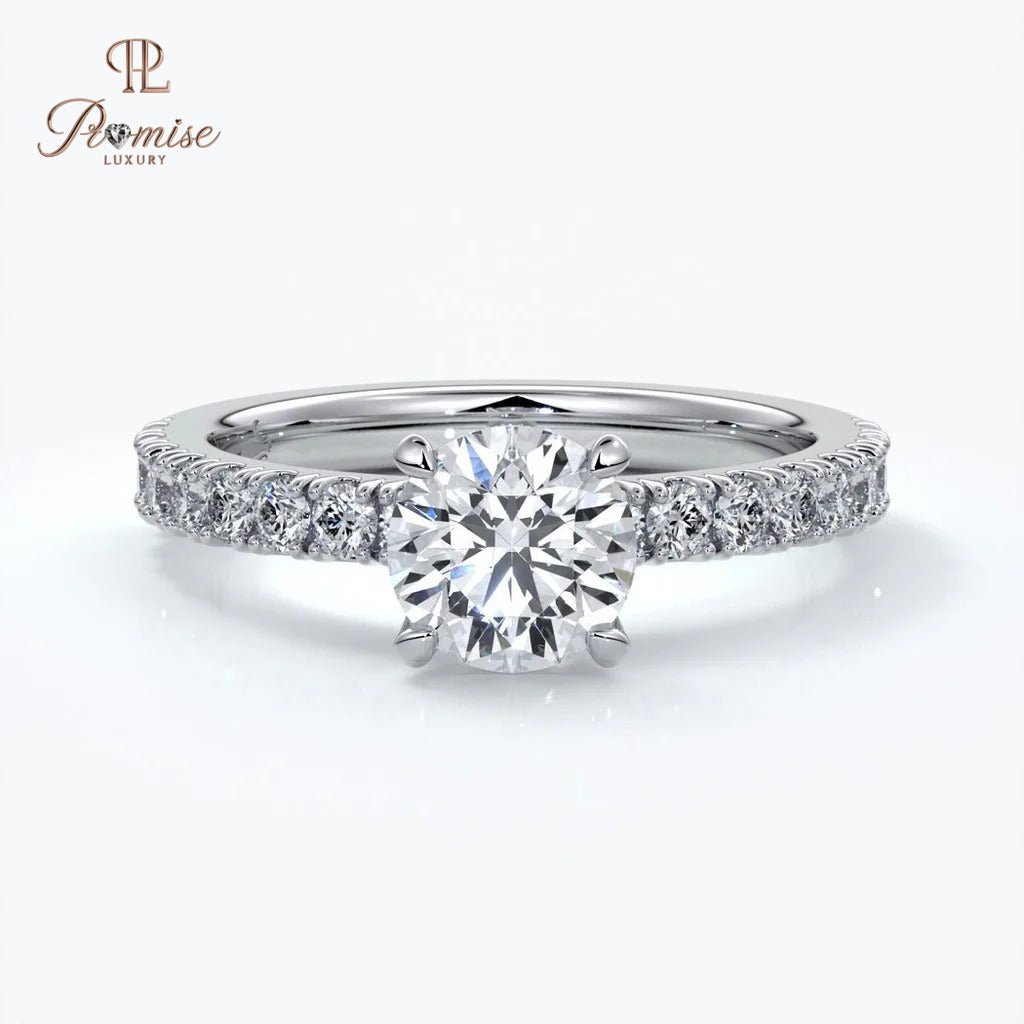 Luxury Round Cut Diamond Engagement Ring - Solitaire Pave Band Wedding Ring
