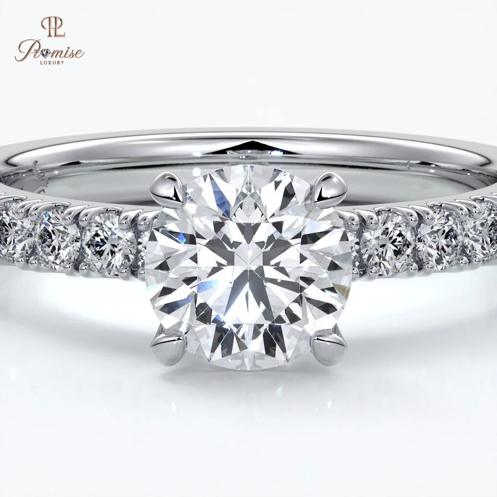Luxury Round Cut Diamond Engagement Ring - Solitaire Pave Band Wedding Ring