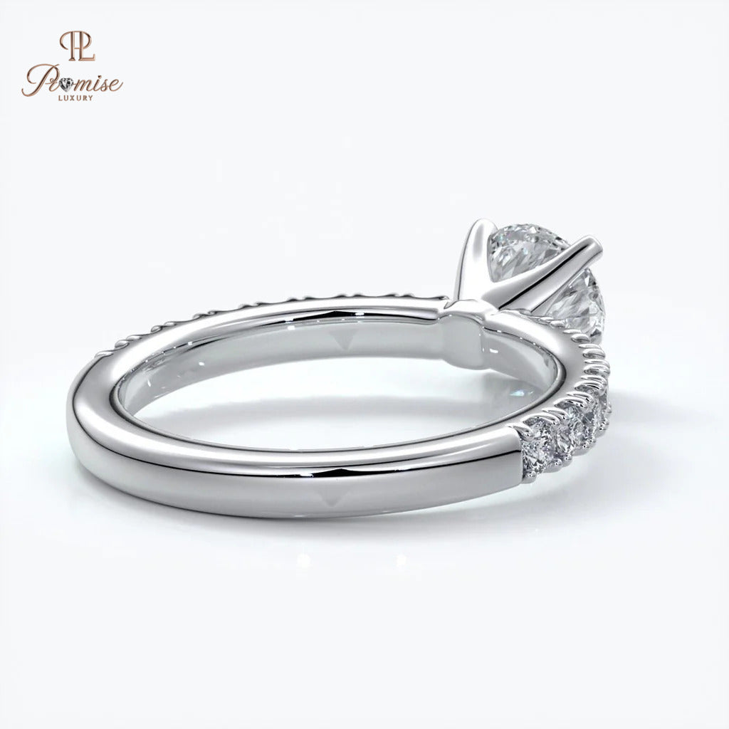 Luxury Round Cut Diamond Engagement Ring - Solitaire Pave Band Wedding Ring