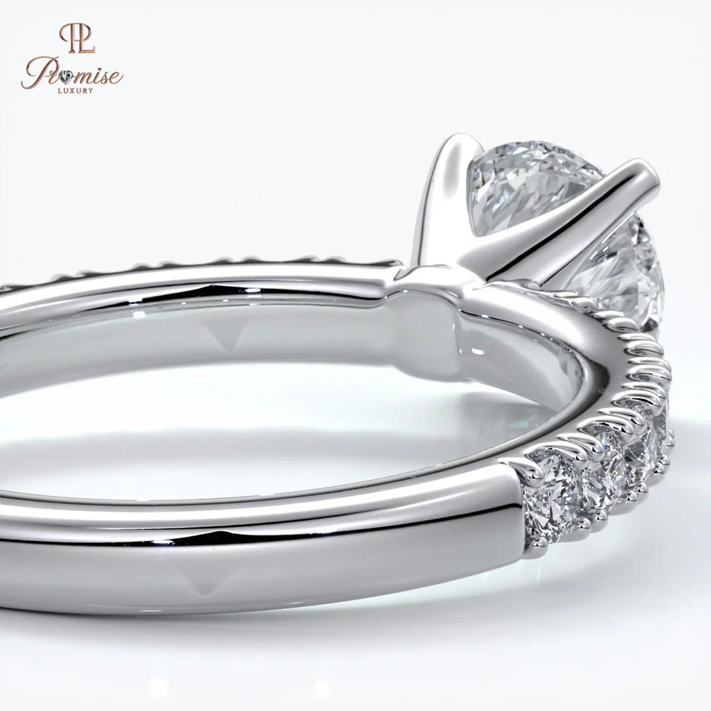 Luxury Round Cut Diamond Engagement Ring - Solitaire Pave Band Wedding Ring