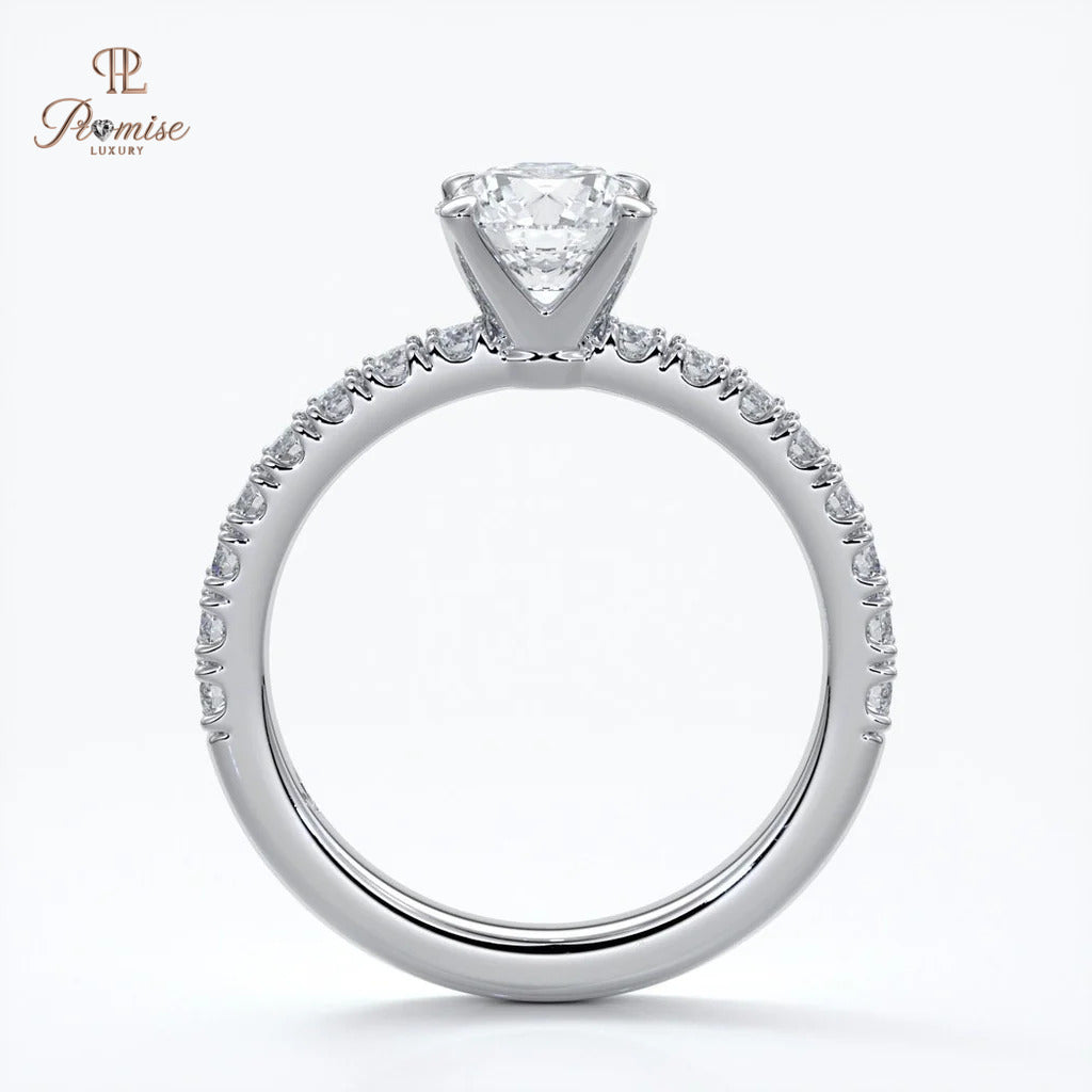 Luxury Round Cut Diamond Engagement Ring - Solitaire Pave Band Wedding Ring