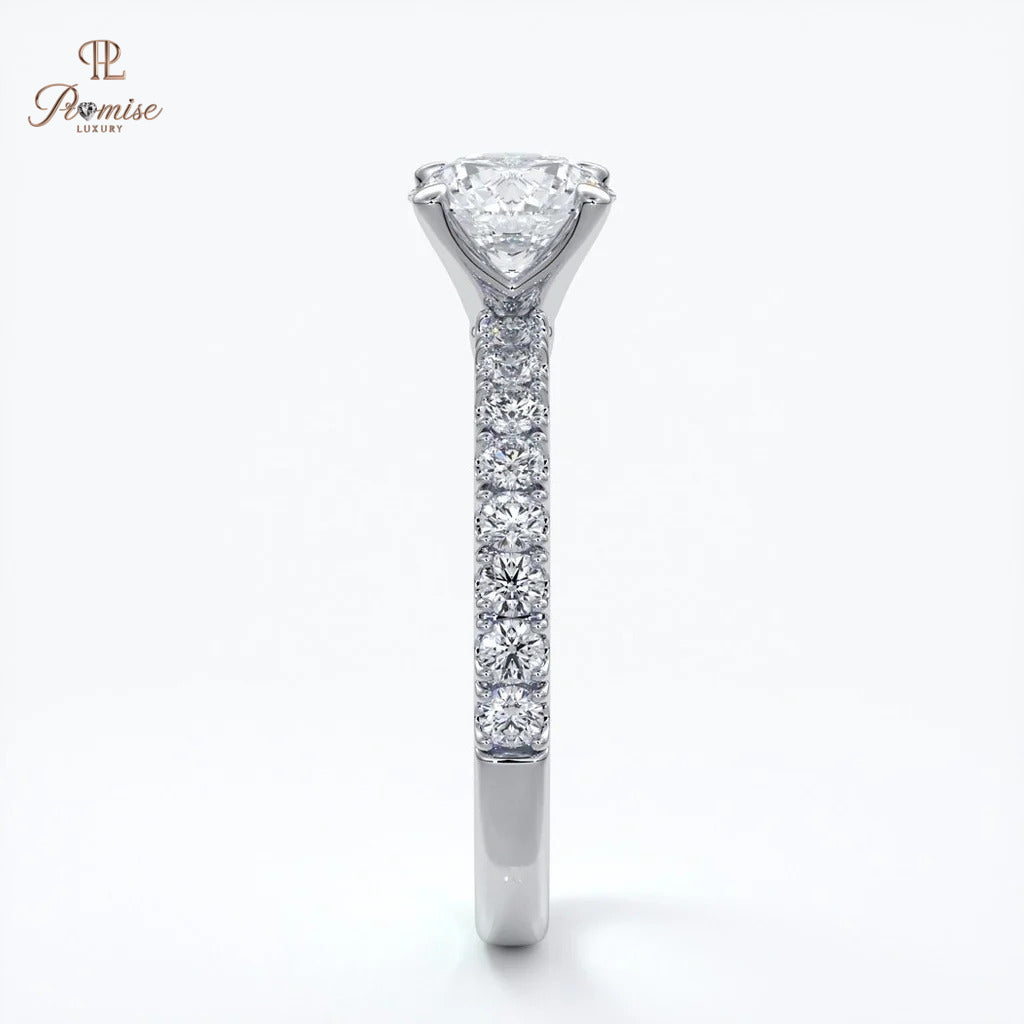 Luxury Round Cut Diamond Engagement Ring - Solitaire Pave Band Wedding Ring