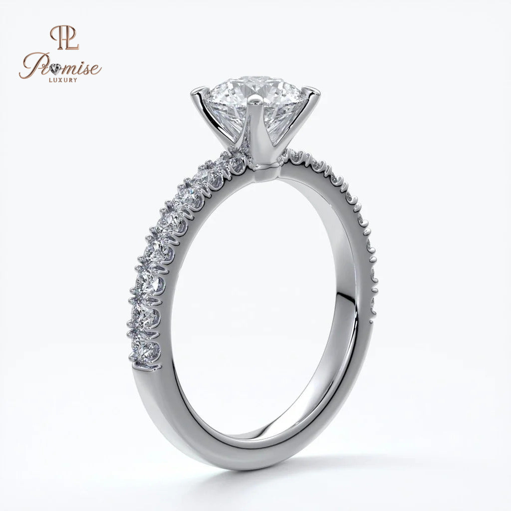 Luxury Round Cut Diamond Engagement Ring - Solitaire Pave Band Wedding Ring