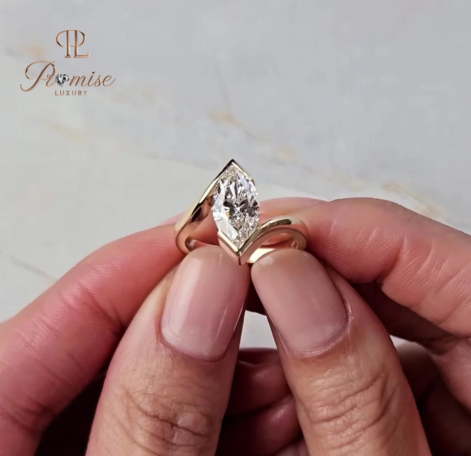 Marquise Diamond Half Bezel Ring in 14K Gold – Modern Minimalist Engagement Ring