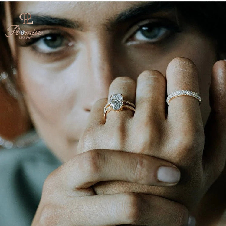 Oval Cut Solitaire Ring with Double Pavé Band – Luxury Engagement Ring