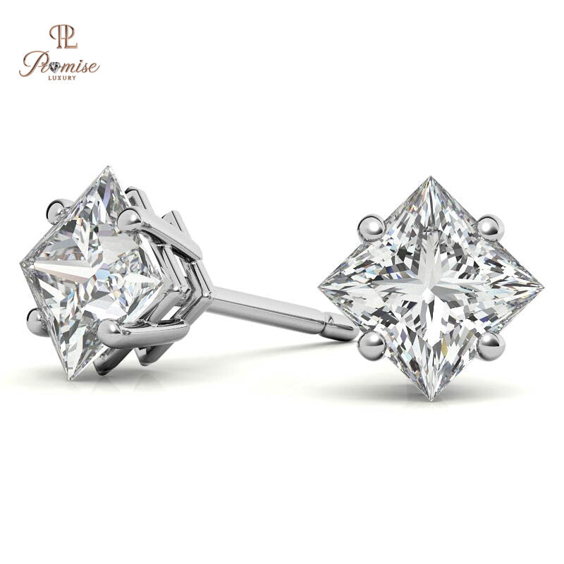 Lab Grown Princess Diamond Stud Earrings - Basket Setting Elegant Bridal Jewelry