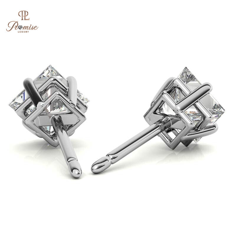 Lab Grown Princess Diamond Stud Earrings - Basket Setting Elegant Bridal Jewelry
