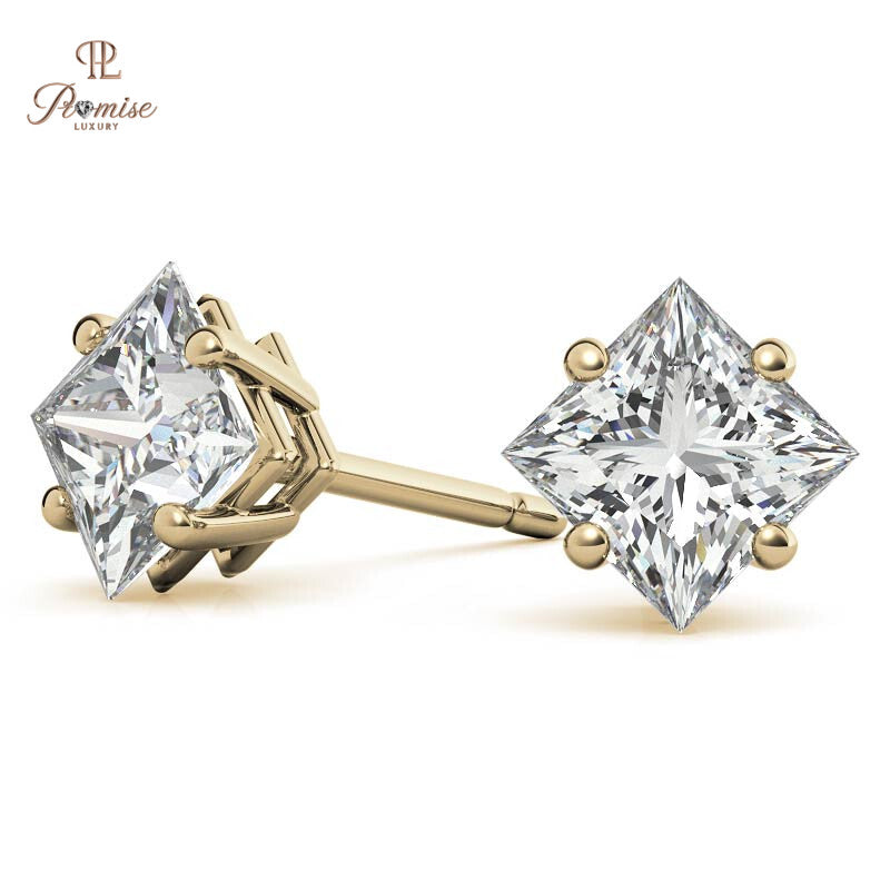 Lab Grown Princess Diamond Stud Earrings - Basket Setting Elegant Bridal Jewelry
