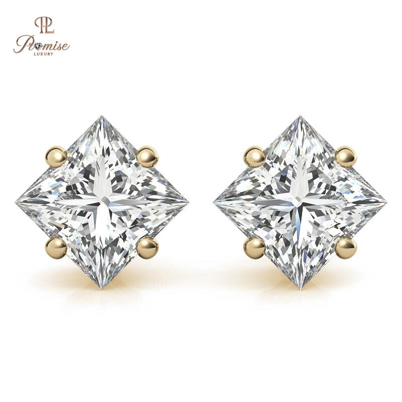 Lab Grown Princess Diamond Stud Earrings - Basket Setting Elegant Bridal Jewelry