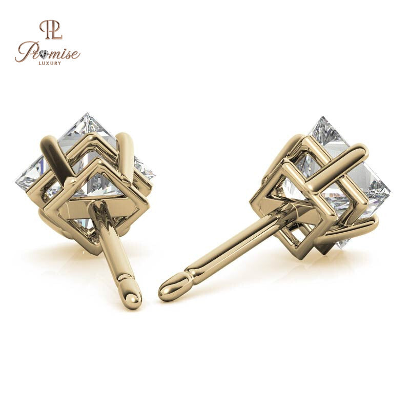 Lab Grown Princess Diamond Stud Earrings - Basket Setting Elegant Bridal Jewelry