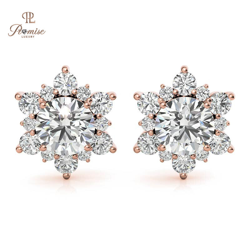 Round Brilliant Diamond Halo Stud Earrings in White Gold - Classic Flower Cluster Bridal Jewelry