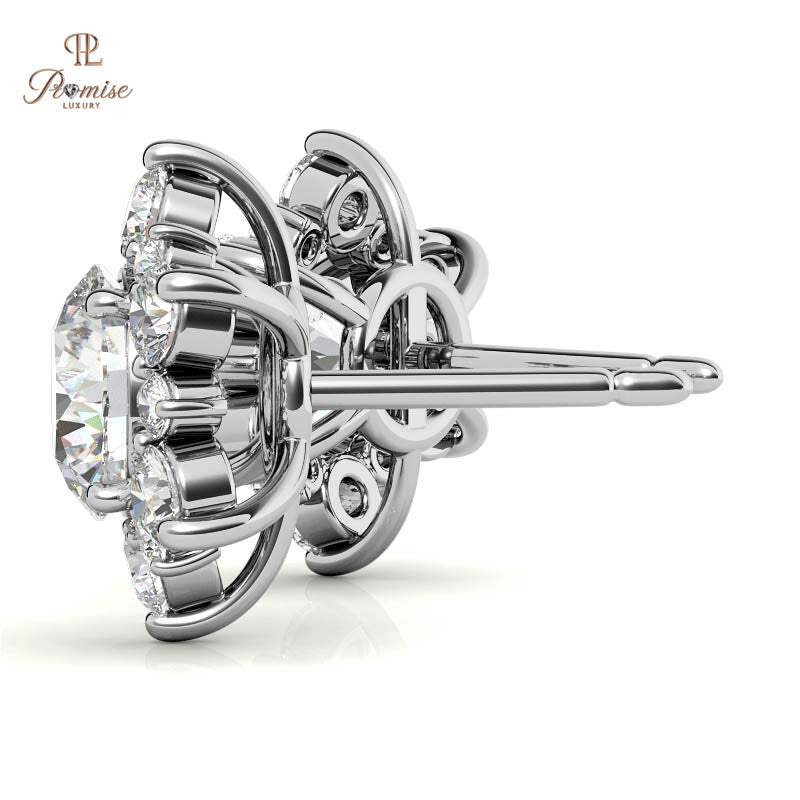 Round Brilliant Diamond Halo Stud Earrings in White Gold - Classic Flower Cluster Bridal Jewelry