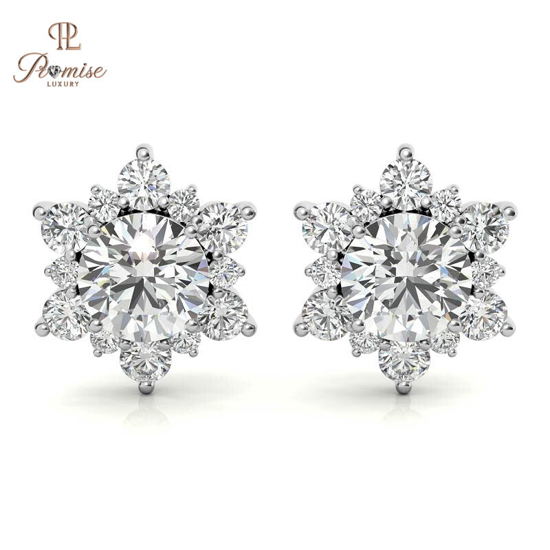 Round Brilliant Diamond Halo Stud Earrings in White Gold - Classic Flower Cluster Bridal Jewelry