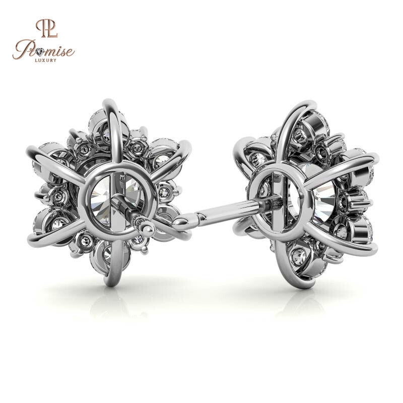 Round Brilliant Diamond Halo Stud Earrings in White Gold - Classic Flower Cluster Bridal Jewelry