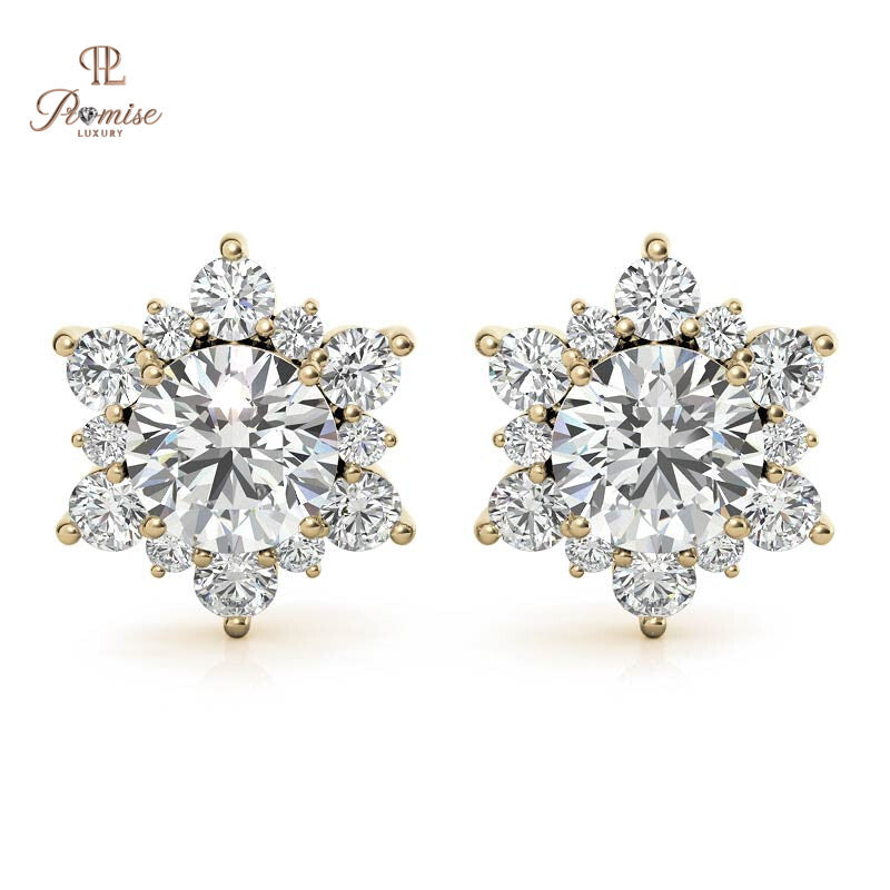 Round Brilliant Diamond Halo Stud Earrings in White Gold - Classic Flower Cluster Bridal Jewelry