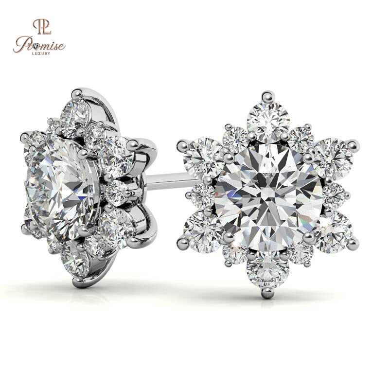 Round Brilliant Diamond Halo Stud Earrings in White Gold - Classic Flower Cluster Bridal Jewelry