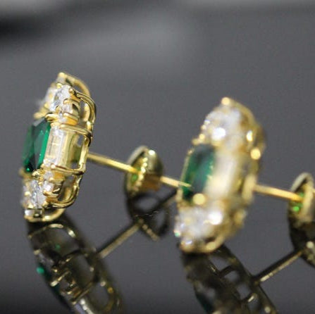 Vintage Style Emerald Green Stud Earrings - Gold Diamond Halo Fine Jewelry