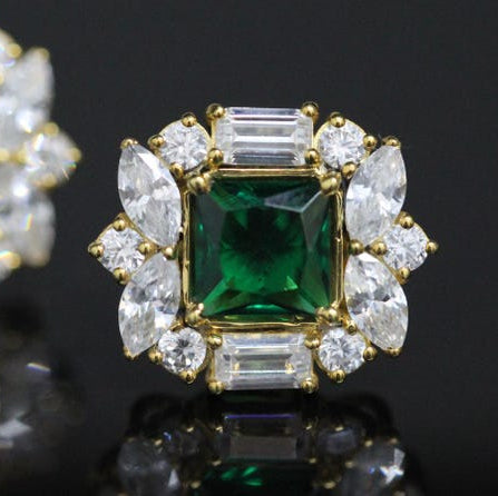 Vintage Style Emerald Green Stud Earrings - Gold Diamond Halo Fine Jewelry