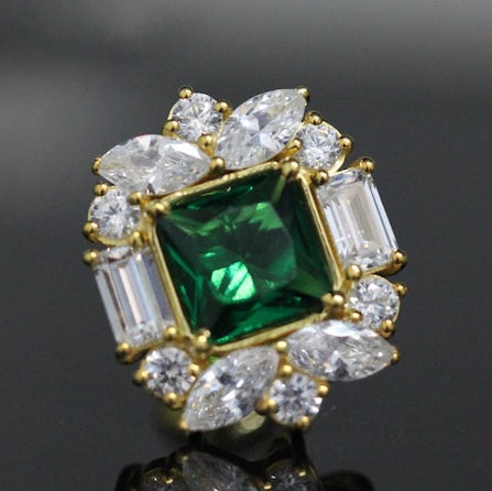 Vintage Style Emerald Green Stud Earrings - Gold Diamond Halo Fine Jewelry