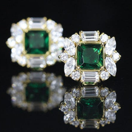 Vintage Style Emerald Green Stud Earrings - Gold Diamond Halo Fine Jewelry