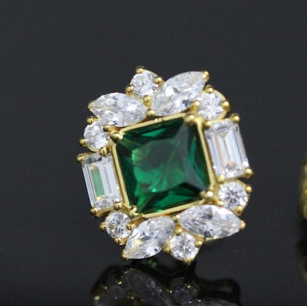 Vintage Style Emerald Green Stud Earrings - Gold Diamond Halo Fine Jewelry